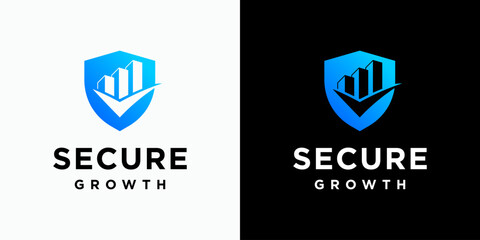 Vector logo design of a check mark growth chart shield and building shape with modern, simple, clean and abstract style. Icons for business, finance, security, and personal branding.