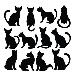 Elegant Cat Silhouettes Diverse Poses and Perspectives in a Striking Black and White Composition Featuring Feline Charm and Grace