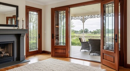 Obraz premium Interior view of a living room with a fireplace and doors leading to an outdoor patio area space area