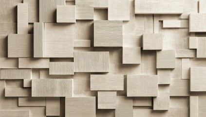 Abstract texture. Irregular wood blocks, in varying sizes and depths, create a modern, dimensional pattern. Neutral tones highlight the geometric shapes and subtle shadows