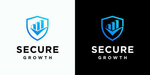 Vector logo design of a check mark growth chart shield and building shape with modern, simple, clean and abstract style. Icons for business, finance, security, and personal branding.