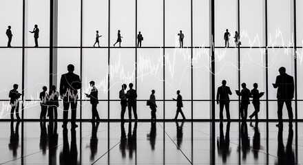 Silhouetted businesspeople stand in a modern building, observing a stock market graph projected onto the .