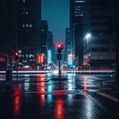 Obraz premium Rainy Night Cityscape with Traffic Lights and Reflections