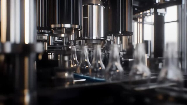 Automated Pharmaceutical Manufacturing: Close-up of Vial Filling Process on Assembly Line