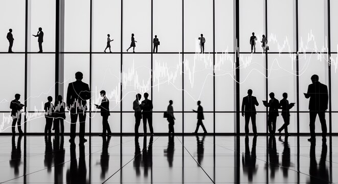 Silhouetted businesspeople stand in a modern building, observing a stock market graph projected onto the . - Powered by Adobe