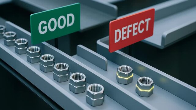 Quality control manufacturing processes sort metal nuts conveyor for precise sorting of good and defect parts ensuring efficient production standards