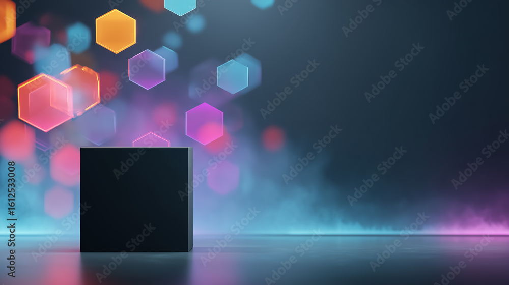 Poster black cube pedestal displaying futuristic hexagonal bokeh lights and smoke