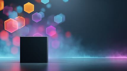 Black cube pedestal displaying futuristic hexagonal bokeh lights and smoke