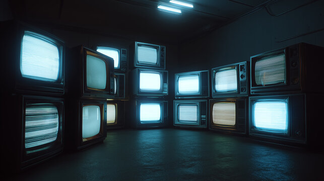 Many old televisions showing static noise in a dark room - Powered by Adobe
