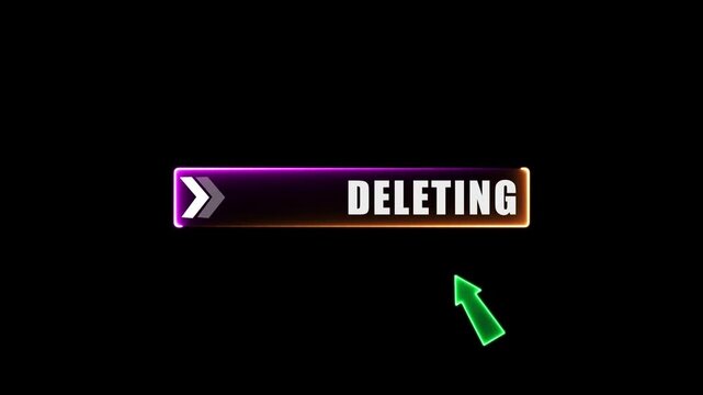 Glowing Black Delete Button Design with Bold White 'DELETING' Text, Green Direction Arrow, and Neon Pink Cursor &mdash; Futuristic UI Element for Tech Interfaces or Digital Commands