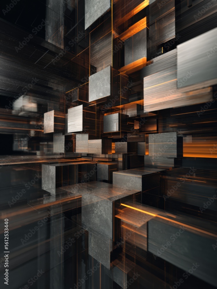 Poster glitch style 3d panel displaying digital aesthetics in matrix-like environment with ad space promine
