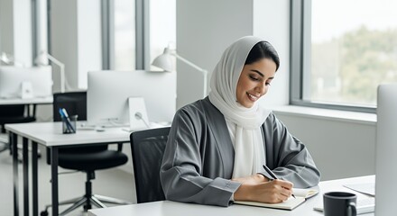 A focused Muslim woman in a hijab diligently works at her desk in a modern , writing in a notebook.