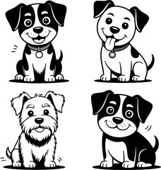 Obraz premium Four cartoon dogs in black and white sitting with collars and smiling on a light background art