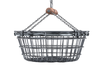 Empty metal shopping basket overhead view isolated on transparent background