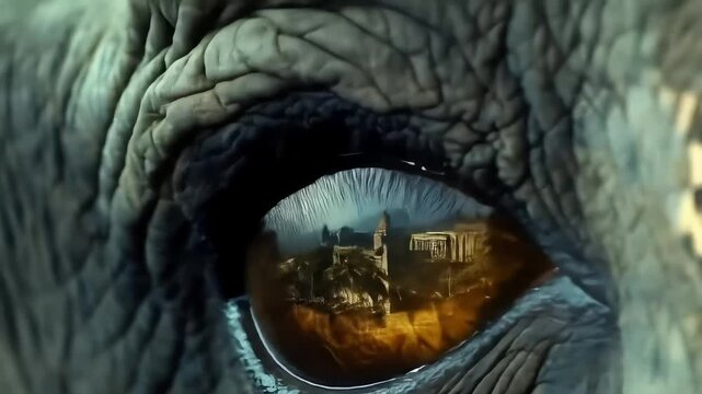 Intricate Detail: Elephant Eye Reflecting Architectural Grandeur, Mysterious Animal