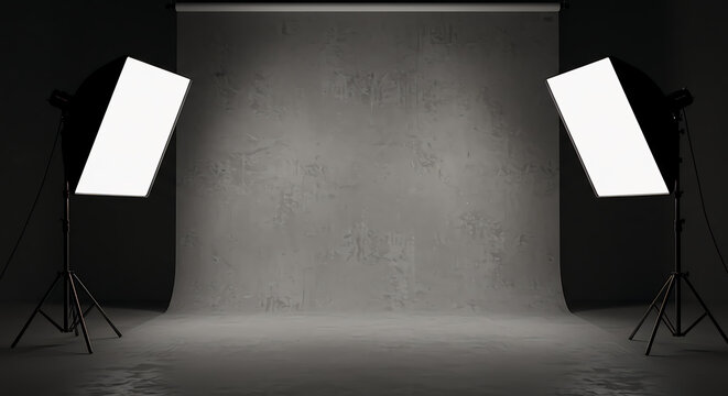 Empty professional photo studio with modern lighting equipment and a gray textured backdrop for production.