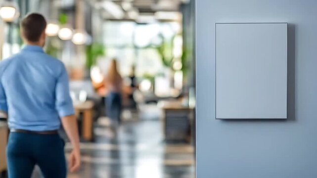 Modern office interior with blank poster frame and blurred background action