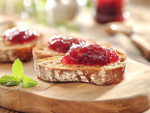 Close-up of homemade jam on fresh, crusty bread slices on a wooden table, with natural light, blurred background, and a mint leaf garnish for a fresh breakfast scene.
