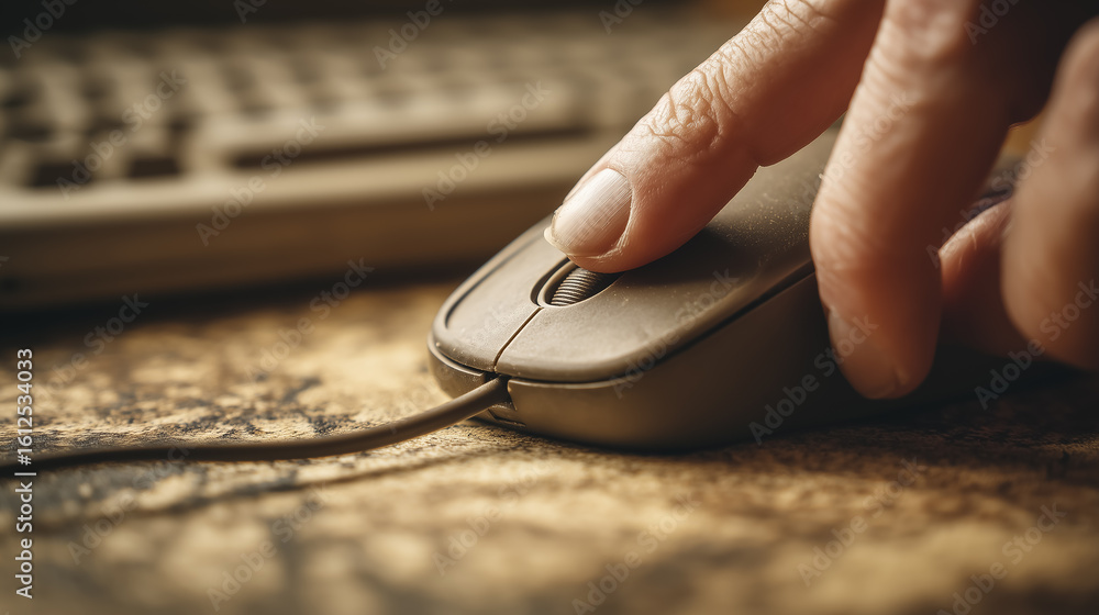 Poster index finger scrolling old mouse wheel on desk with keyboard in background