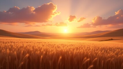 Fototapeta premium Golden Wheat Field at pink and orange Sunset with Rolling Hills realistic portrait 8k