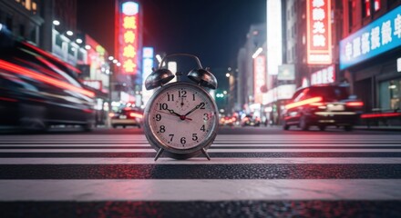 Retro alarm clock on a city street at night
