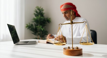 A man in traditional Middle Eastern attire thoughtfully reviews documents near a scale of justice, symbolizing legal proceedings or ethical considerations.