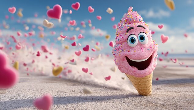 Animated, pink ice cream cone character with sprinkles and a happy face. Hearts float around it on a bright, sunny day. Ground is cracked, light earth
