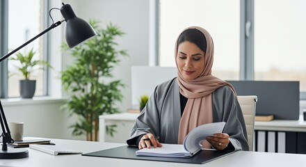A Muslim businesswoman in a hijab thoughtfully reviews documents at her desk in a modern , showcasing professionalism and cultural diversity in the workplace.