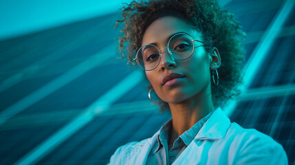 Attractive young Black woman scientist wearing a white lab coat and glasses