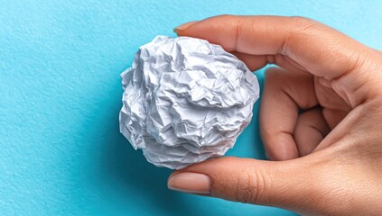 A hand holds a crumpled white paper ball against a bright turquoise background. Thumb and forefinger grip the textured sphere