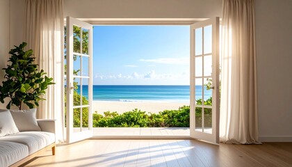 Fototapeta premium Inviting Open French Doors Leading to a Sunny Beach Paradise with Ocean Views