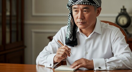 A thoughtful man wearing a traditional headscarf sits at a wooden desk, pensively writing in a notebook.