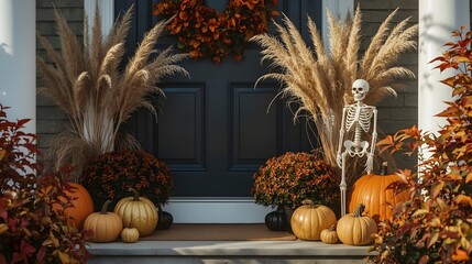 autumn porch with pumpkins, skeleton, and fall decoration