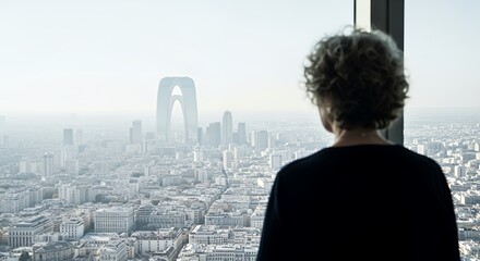 A person with short gray hair gazes out a large window at a sprawling cityscape, lost in thought as they contemplate the urban landscape below.