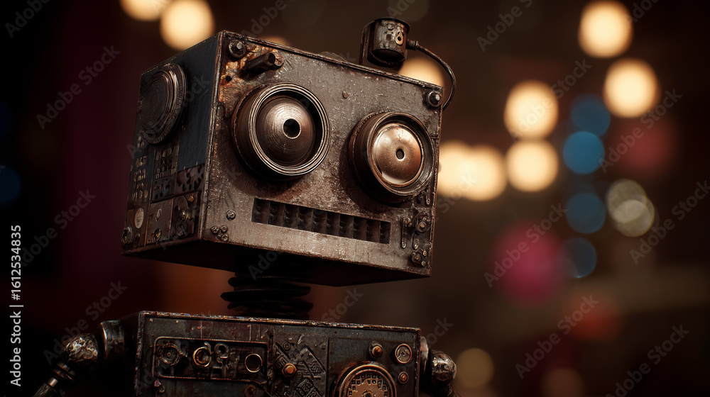 Poster rusty vintage robot looking into the future with bokeh lights