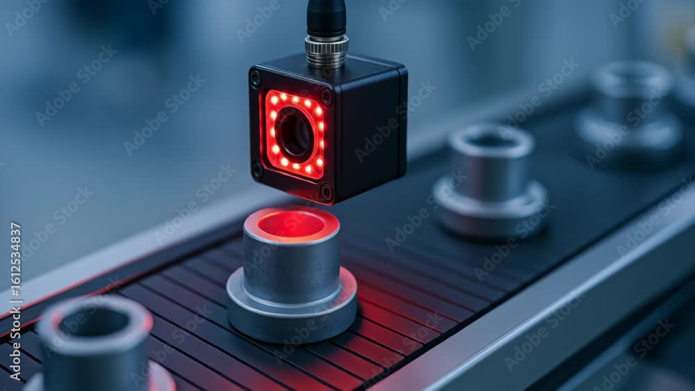 Poster quality control manufacturing processes use automated camera inspection for metal parts conveyor bel