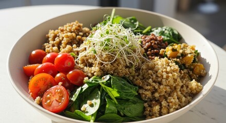 Vibrant Quinoa Bowl: Sunlit Vegan Delight with Cherry Tomatoes, Spinach, and Sprouts