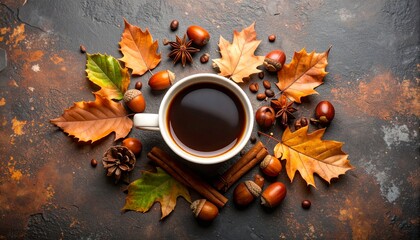 Warm Autumn Coffee Cup Surrounded by Fall Leaves Nuts and Spices