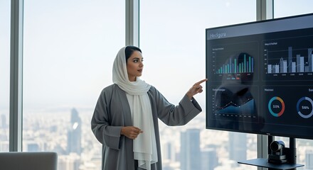 A businesswoman in a hijab confidently presents financial data on a large screen during a business meeting in a modern .