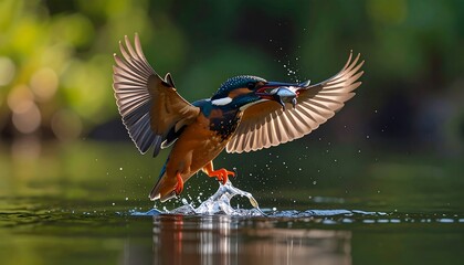 Fototapeta premium Kingfisher's aerial prowess showcased in a captivating mid-flight fishing spectacle