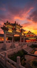 Fototapeta premium Beautiful Sunset Over Traditional East Asian Architecture With Golden Sky and Clouds