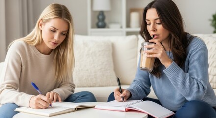 Fototapeta premium Two Young Women Concentrating While Studying Together at Home or Library