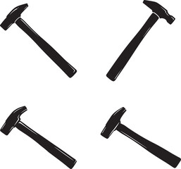 Four Black Hammers on White Background Construction Tools Silhouette