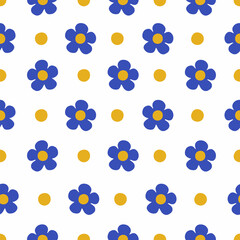 Blue Floral Seamless Pattern with Yellow Dots on White Background
