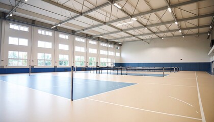 Spacious indoor sports hall with badminton and table tennis courts, featuring a high ceiling and ample natural light.
