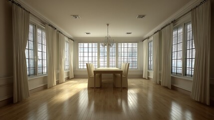 Sunlit dining room with hardwood floors, large windows, and elegant cream curtains.  Table and chairs centrally located