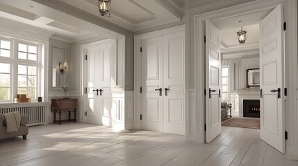 Sunlit hallway with elegant white paneled doors, hardwood floors, and glimpses into adjacent rooms