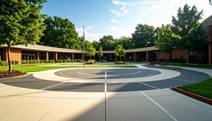 Fototapeta premium Exterior view of a modern building with a circular driveway and surrounding trees.