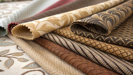 The image features a close-up view of various intricately patterned fabric samples, rolled and stacked to show a range of textures, colors, and