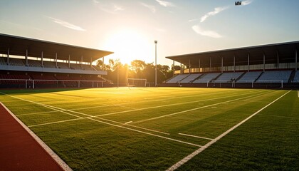 Obraz premium A sunlit stadium with empty stands and a green field, ready for a match.